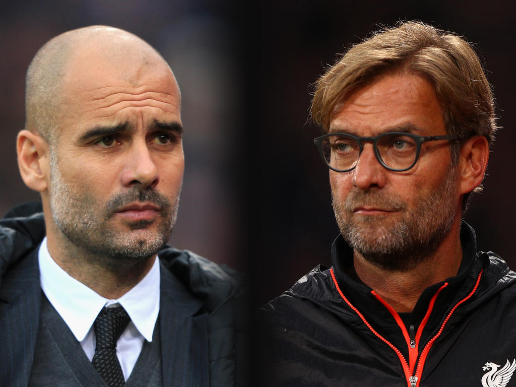 Pep Guardiola (l.) und Jürgen Klopp treffen im Topspiel aufeinander Pep Guardiola (l.) und Jürgen Klopp treffen im Topspiel aufeinander